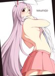  animal_ears ass back blush breasts bunny_ears covering covering_breasts from_below long_hair looking_at_viewer looking_back medium_breasts neko_majin pink_eyes pink_hair reisen_udongein_inaba shirt_removed sideboob skirt solo topless touhou very_long_hair 