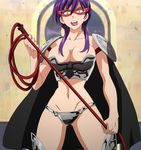  1girl armor bdsm bikini_armor breasts cape cleavage dominatrix domino_mask large_breasts lipstick magi_the_labyrinth_of_magic makeup mask myers navel open_mouth purple_hair screencap whip yellow_eyes 