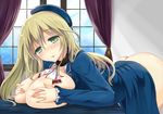  ass atago_(kantai_collection) bed bent_over blonde_hair blush breast_hold breast_rest breasts dress dress_lift green_eyes hat himeno_komomo huge_breasts kantai_collection long_hair nipples no_legwear open_clothes open_shirt saliva shirt solo window 