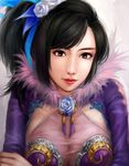  black_hair breasts brown_eyes cleavage face flower hair_flower hair_ornament large_breasts lips lova mole nose rose shin_sangoku_musou side_ponytail solo zhen_ji 