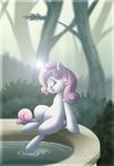  cub equine eyes_closed female feral friendship_is_magic fur hair hecatehell horn horse mammal my_little_pony outside pony sitting solo sweetie_belle_(mlp) tree two_tone_hair unicorn water white_fur young 