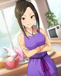  apron black_hair chocolate chocolate_making crossed_arms dutch_angle food grin hair_up idolmaster idolmaster_cinderella_girls indoors jewelry jpeg_artifacts kitchen looking_at_viewer mixing_bowl mukai_takumi necklace official_art oven smile solo valentine whisk window 