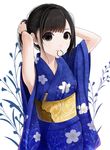  adjusting_hair armpits arms_behind_head arms_up bangs bead_bracelet beads black_eyes black_hair blue_kimono bracelet collarbone floral_print hair_tie japanese_clothes jewelry kentaurosu kimono long_hair looking_at_viewer mouth_hold obi original sash solo wide_sleeves yukata 