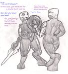  big_breasts breasts butt clothing dialog dragon-heart english_text female grope halo_(series) huge_breasts hyper hyper_breasts kar&#039;kana_(character) kar'kana_(character) mechanical_arm sangheili shi&#039;ala_(character) shi'ala_(character) sketch skin_tight_suit squish text tight_clothing video_games 