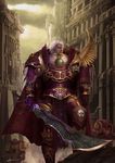  adeptus_astartes architecture artist_name city clenched_hands clenched_teeth cloud cloudy_sky fulgrim gothic_architecture highres holding holding_weapon looking_afar luffie multiple_boys ornate ornate_armor pauldrons red_armor science_fiction sky solo_focus standing sword teeth warhammer_40k weapon white_hair wings 