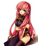  bare_shoulders blue_eyes breast_hold breasts inpr long_hair megurine_luka pink_hair sitting solo thighhighs very_long_hair vocaloid 