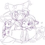  bad_id bad_pixiv_id chen happy hat heart hug hug_from_behind long_sleeves monochrome multiple_girls oku one_eye_closed pillow_hat purple short_hair sketch tassel touhou white_background wide_sleeves yakumo_ran yakumo_yukari 