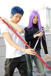  1girl blue_hair chain cosplay dagger fate/stay_night fate_(series) gae_bolg lancer lancer_(cosplay) nameless_dagger non-web_source photo polearm purple_hair rider rider_(cosplay) spear weapon 