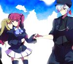  2girls amakusa_juuza bangs black_eyes blue_eyes blunt_bangs bow brown_hair hair_bobbles hair_ornament hat jacket kurohara_yuu long_hair love_triangle mammon multiple_girls red_hair short_hair silver_hair skirt stakes_of_purgatory thighhighs umineko_no_naku_koro_ni ushiromiya_ange 