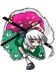  black_hairband blue_eyes hairband hitodama konpaku_youmu konpaku_youmu_(ghost) mikihiro ready_to_draw sheath sheathed short_hair solo sword touhou weapon white_hair 