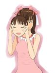 :d ^_^ ^o^ amami_haruka bangs bare_arms bare_shoulders blunt_bangs bow breasts brown_eyes closed_eyes dual_persona eyebrows_visible_through_hair hair_bow holding holding_mask idolmaster idolmaster_(classic) idolmaster_1 looking_at_viewer mask medium_breasts open_mouth pink_bow removing_mask short_hair sleeveless smile tank_top upper_body willwind30 