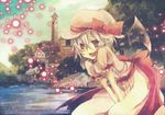  bad_id bad_pixiv_id bat_wings hat light pochi-t red_eyes remilia_scarlet ribbon short_hair solo touhou town wings 