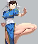  bad_id bad_pixiv_id barefoot blue_eyes brown_hair bun_cover china_dress chinese_clothes chun-li double_bun dress leg_lift legs masao no_legwear pelvic_curtain sash short_hair solo street_fighter thick_thighs thighs 