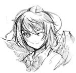  greyscale hat looking_at_viewer mikihiro monochrome one_eye_closed shameimaru_aya short_hair sketch smile solo touhou wings 