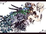  artificial_wings brown_hair cable closed_eyes cyborg dress flower long_hair mechanical_wings metal morning_glory nail_polish original rose skull solo torigoe_takumi wings 