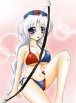  bad_anatomy bad_id bad_pixiv_id bikini black_eyes blush bow_(weapon) braid hat long_hair open_mouth quality ryutotoranoikkiuchi side-tie_bikini smile solo string_bikini swimsuit touhou weapon white_hair yagokoro_eirin 