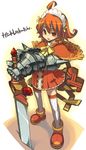  ahoge armor gauntlets greatsword hands_on_hilt headdress maid orange_eyes orange_hair original planted_sword planted_weapon short_hair slit_pupils solo super_zombie sword thighhighs weapon white_legwear zettai_ryouiki 