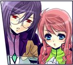  1girl blue_eyes celestial_being_uniform feldt_grace glasses gundam gundam_00 kurosaki_kai pink_hair ponytail purple_hair red_eyes short_hair tieria_erde 