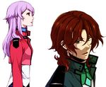  1girl anew_returner bad_id bad_pixiv_id brown_hair celestial_being_uniform gundam gundam_00 higi_(rodriguez) lavender_hair lockon_stratos lyle_dylandy 