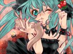  animal aqua_eyes aqua_hair bad_id bad_pixiv_id dress food fruit hair_ribbon hatsune_miku kyabetsu_tarou long_hair one_eye_closed ribbon solo strawberry twintails vocaloid 