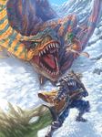  action armor bad_id bad_pixiv_id battle dragon felyne hisakata_souji huge_weapon jumping male_focus monster_hunter open_mouth pickaxe roaring snow striped sword tigrex weapon wyvern 