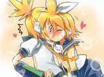  1girl bad_id bad_pixiv_id blonde_hair brother_and_sister detached_sleeves headband hetero incest kagamine_len kagamine_rin kiss siblings surprise_kiss surprised tatata twincest twins vocaloid 
