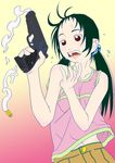  bad_id bad_pixiv_id black_hair brown_eyes child copyright_request gun hands nanakamado_anno shell_casing smoke smoking_gun solo surprised sweat twintails weapon 