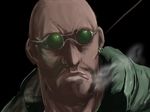  bald beard black_lagoon cigarette close-up dark_skin dark_skinned_male dutch_(black_lagoon) earrings facial_hair glasses jewelry male_focus satomi simple_background smoke smoking solo sunglasses 