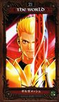  armor blonde_hair character_name drill ea_(fate/stay_night) earrings fate/stay_night fate_(series) gilgamesh highres jewelry male_focus mori_toshiaki red_eyes scan smile solo tarot weapon 