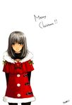  arms_behind_back capelet christmas copyright_request face green_eyes nobusnow pantyhose red_capelet santa_costume silver_hair solo 