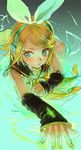  blonde_hair detached_sleeves headphones kagamine_rin lying na2 nail_polish on_stomach solo vocaloid yellow_nails 