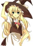  apron bad_id bad_pixiv_id blonde_hair braid green_eyes hair_ribbon hand_on_headwear hand_on_hip hat kirisame_marisa kyoumo_baito long_hair looking_up ribbon side_braid simple_background sketch smile solo touhou waist_apron witch_hat 