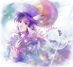  backlighting bouquet elbow_gloves expressionless feathers flower formal frederic_chopin frilled_sleeves frills fuju gears gloves hand_on_own_chest hat hat_feather long_sleeves looking_up male_focus parted_lips purple_eyes purple_hair purple_hat solo suit top_hat trusty_bell upper_body 