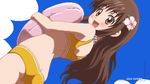  2008 :d awa bikini brown_eyes brown_hair flower from_behind from_side hair_flower hair_ornament hibiscus long_hair looking_at_viewer lowres oekaki open_mouth orange_bikini smile solo swimsuit to_love-ru yuuki_mikan 