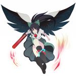  arm_cannon banned_artist black_hair black_wings brooch fire flame flying gem harano jewelry long_hair looking_at_viewer looking_back ponytail puffy_short_sleeves puffy_sleeves reiuji_utsuho short_sleeves simple_background solo third_eye touhou very_long_hair weapon white_background wings 