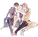  2boys bad_id bad_pixiv_id bandages blonde_hair braid danganronpa dress hair_kiss heterochromia hug hug_from_behind jacket messy_hair multicolored_hair multiple_boys pink_eyes pink_hair ponytail samamiya_akaza scar scarf simple_background sleeves_rolled_up sonia_nevermind souda_kazuichi super_danganronpa_2 tanaka_gandamu thighhighs 