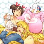  2girls blonde_hair breasts bunny cassie_(theycallhimcake) covered_nipples cow_girl cow_girl_(hataraki) cow_horns denim dullahan erect_nipples eyes_closed female forced_smile gigantic_breasts hataraki_ari headless horns huge_breasts jeans long_hair multiple_girls open_mouth original pants rabbit shirt sitting sleeping what 