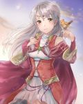  1girl bird bridal_gauntlets cape circlet closed_mouth cloud dress fire_emblem fire_emblem:_akatsuki_no_megami hair_tubes haru_(nakajou-28) long_hair micaiah nintendo silver_hair sky turtleneck yellow_eyes yune 