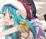  1girl bent_over blush character_request clothed_sex green_eyes green_hair hair_ornament hat long_hair macross macross_30 mina_forte oekaki open_mouth pixiv_manga_sample sex solo_focus source_request sweat tears tomu_(tomubobu) tomubobu 