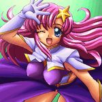  blue_eyes breasts covered_nipples dithering dragon_(artist) erect_nipples gundam gundam_seed gundam_seed_destiny happy large_breasts lowres meer_campbell nipples pink_hair pixel_art star wink 