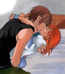  1girl brown_hair closed_eyes couple ginnoturu hetero higurashi_no_naku_koro_ni hug kiss maebara_keiichi orange_hair ryuuguu_rena shikishi short_hair 