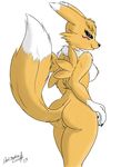  anthro back blue_eyes breasts butt canine darkshadow777 digimon edit facial_markings female fluffy_tail fox fur looking_at_viewer looking_back mammal markings nipples nude plain_background renamon solo standing white_background white_fur yellow_fur 