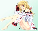  bare_shoulders barefoot blonde_hair bottomless charlotte_dunois feet gradient gradient_background green_background infinite_stratos long_hair long_legs looking_at_viewer navel no_panties open_mouth purple_eyes saipaco sitting solo 