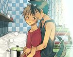  animal_ears arms_around_waist black_hair blue_eyes blush coin_rand cooking dog_ears dog_tail dogboy male_focus multiple_boys open_mouth original pot smile tail tank_top yaoi 