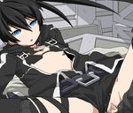  1girl aqua_eyes belt bikini_top black_hair black_rock_shooter black_rock_shooter_(character) blue_eyes blush censored clothed_sex long_hair lying oekaki panties_aside penis pixiv_manga_sample pussy sex shorts_aside solo_focus spread_legs tomu_(tomubobu) tomubobu twintails 