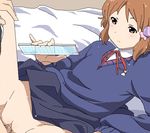  1girl bed blush brown_eyes brown_hair candy_wrapper censored clothed_sex hair_ornament long_sleeves lying makino_kanna oekaki penis pixiv_manga_sample pussy ruler school_uniform sex short_hair sleeves_past_wrists solo_focus spread_legs tamako_market tomu_(tomubobu) tomubobu 