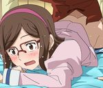  1girl bed bent_over blush brown_eyes brown_hair clothed_sex glasses gundam gundam_build_fighters hairband kousaka_china oekaki open_mouth reiji_(gundam_bf) sex short_hair solo_focus tears tomu_(tomubobu) tomubobu 