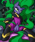  breasts clothing equine female feral friendship_is_magic fur green_eyes green_hair hair hi_res horse killryde mammal mane-iac_(mlp) my_little_pony nipples pony prehensile_hair presenting purple_fur pussy skinsuit solo teats torn_clothing unknown_character 