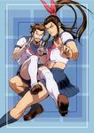  beard buuo_(mido) crossdressing double_v facial_hair long_hair lu_bu male_focus midriff multiple_boys muscle navel ponytail school_uniform serafuku shin_sangoku_musou skirt v zhang_liao 