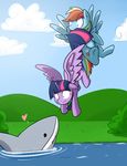  &lt;3 bush chicasonic cloud cutie_mark day equine female feral fish flying friendship_is_magic grass group hair horn horse mammal marine multi-colored_hair my_little_pony outside pegasus pony purple_eyes purple_hair rainbow_dash_(mlp) shark sky twilight_sparkle_(mlp) water winged_unicorn wings 